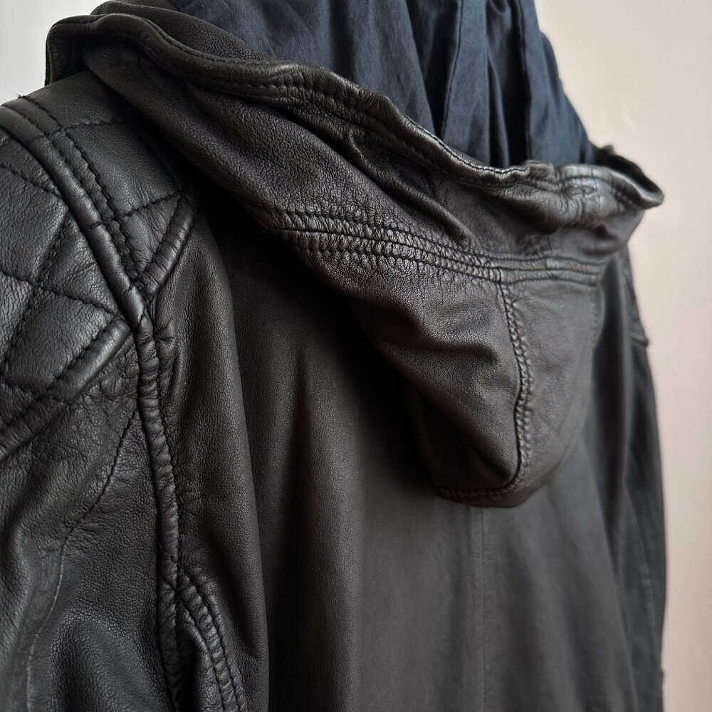 Scotch & Soda Black Leather Hooded Zip Moto Biker Jacket RARE Small - Picture 6 of 13